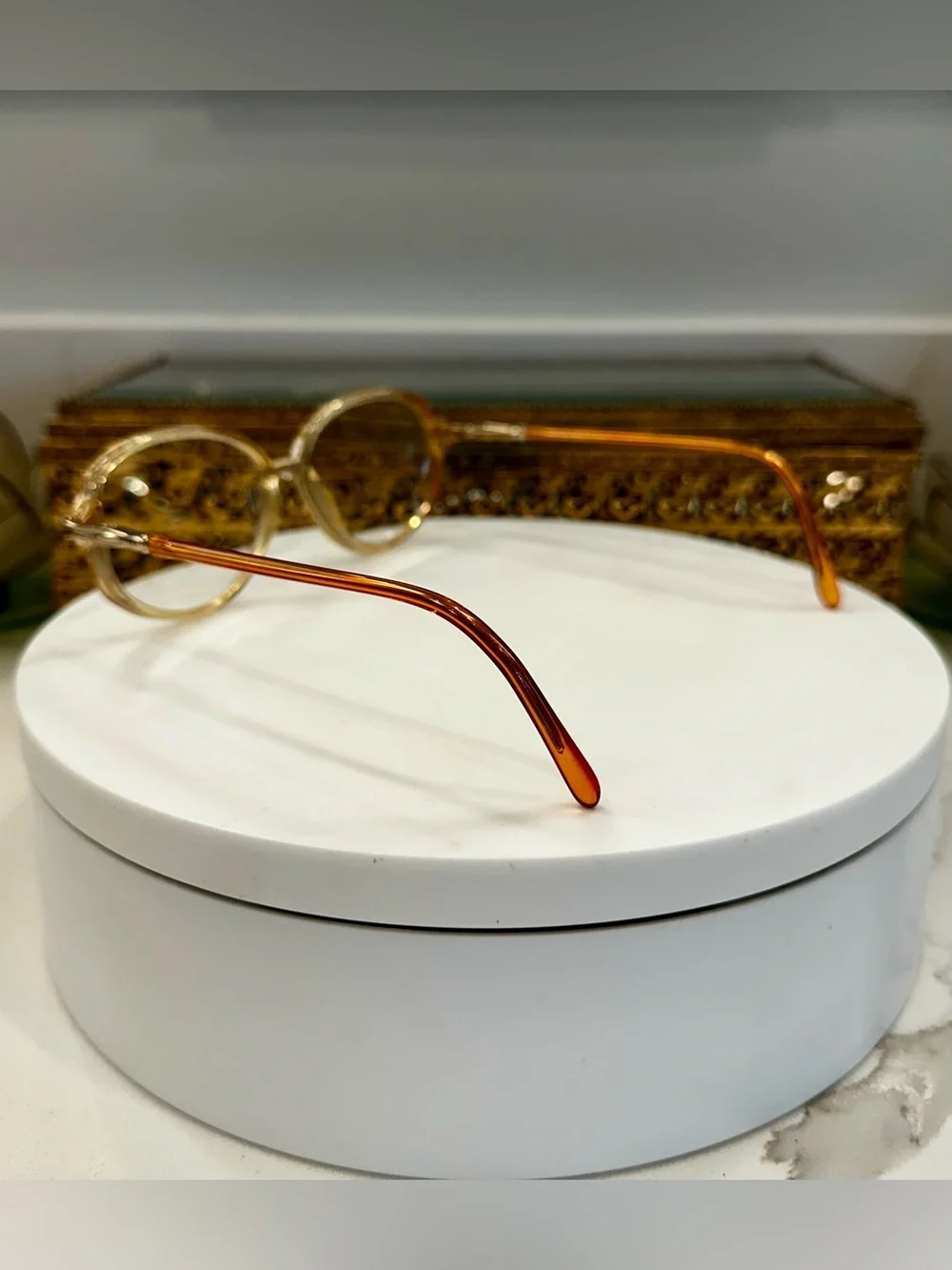 VTG Elizabeth Arden Orange & Gold Rounded Oval Patterned Rx Eyeglass Frames EUC